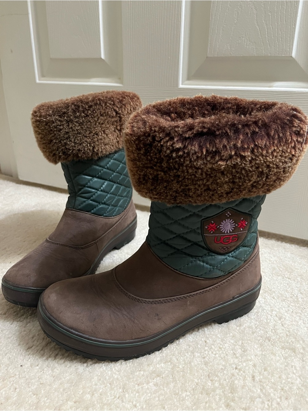 UGG Brown Leather & Forest Green Quilted Shearling Cuff Boots